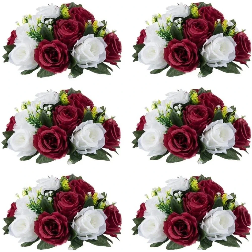 6 Pack Burgundy White Artificial Rose Flower Ball Wedding Centerpiece 10in Silk